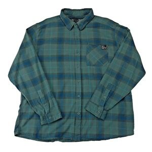 Fintech Men XXL Green Blue Plaid Long Sleeve Button Up Flannel Shirt 100% Cotton